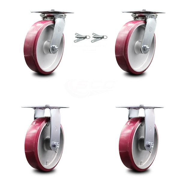 8 Inch Poly on Aluminum Caster Set with Ball Bearing 2 Swivel Lock and 2 Rigid